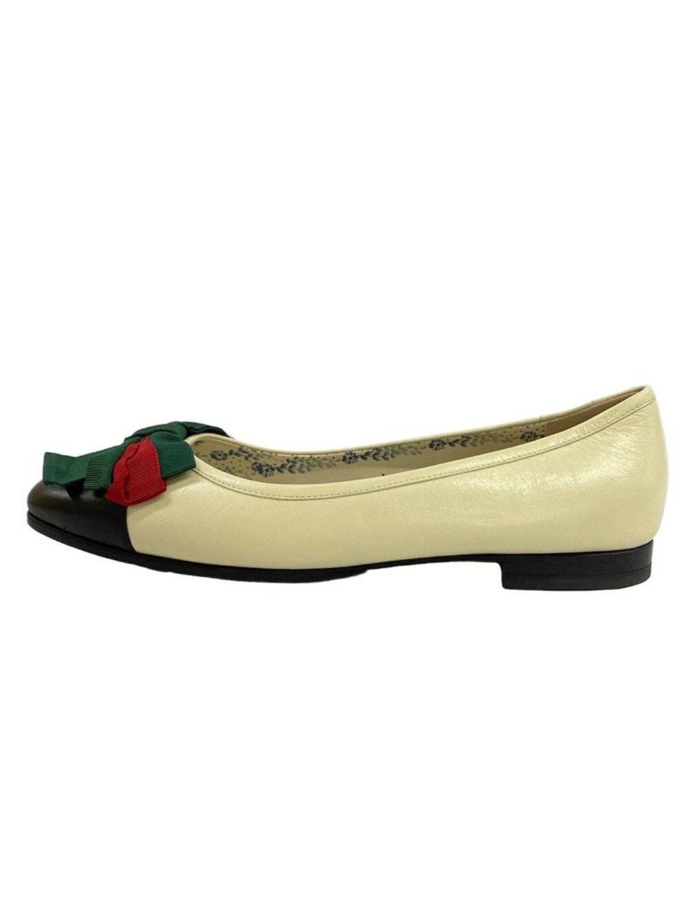 Gucci Flat Shoes Ivory Black Multi Ribbon Sherry Leather